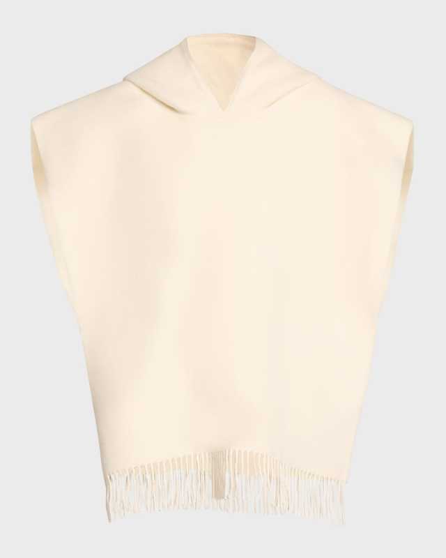 Double-Face Cashmere Hooded Poncho with Fringe